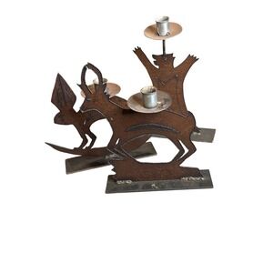 Wrought Iron Bear Dear Elk Set Candle Holders Rustic Cabin‎ Western Weathered